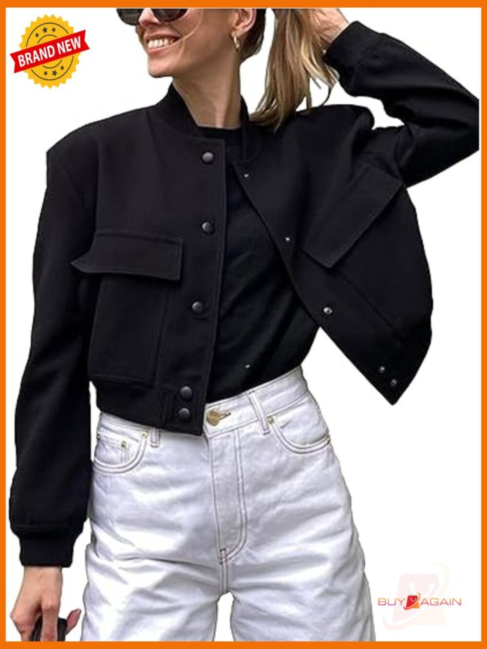 Cropped Button Down Bomber Jacket with Pockets